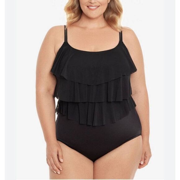 Swim Solutions Waist Minimizer Black Tiered Ruffle One-Piece - Picture 1 of 5